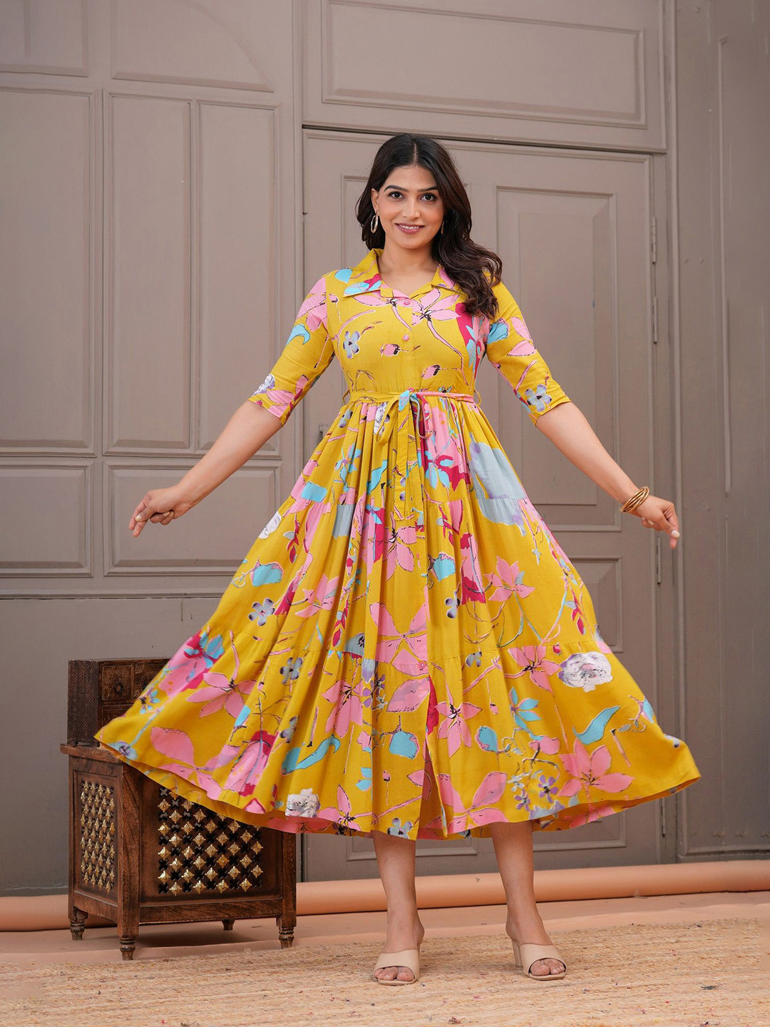 Clothy N Wave Floral Print A-Line Midi Dress