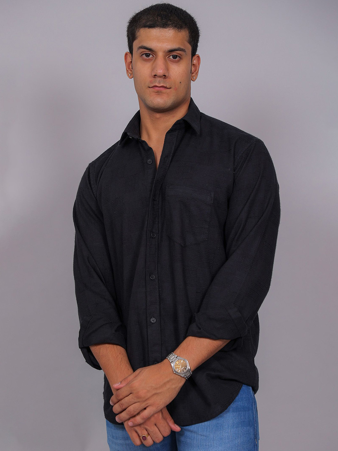 BLUEBIRD Men Textured Sharp Spread Collar Regular Fit Casual Shirt