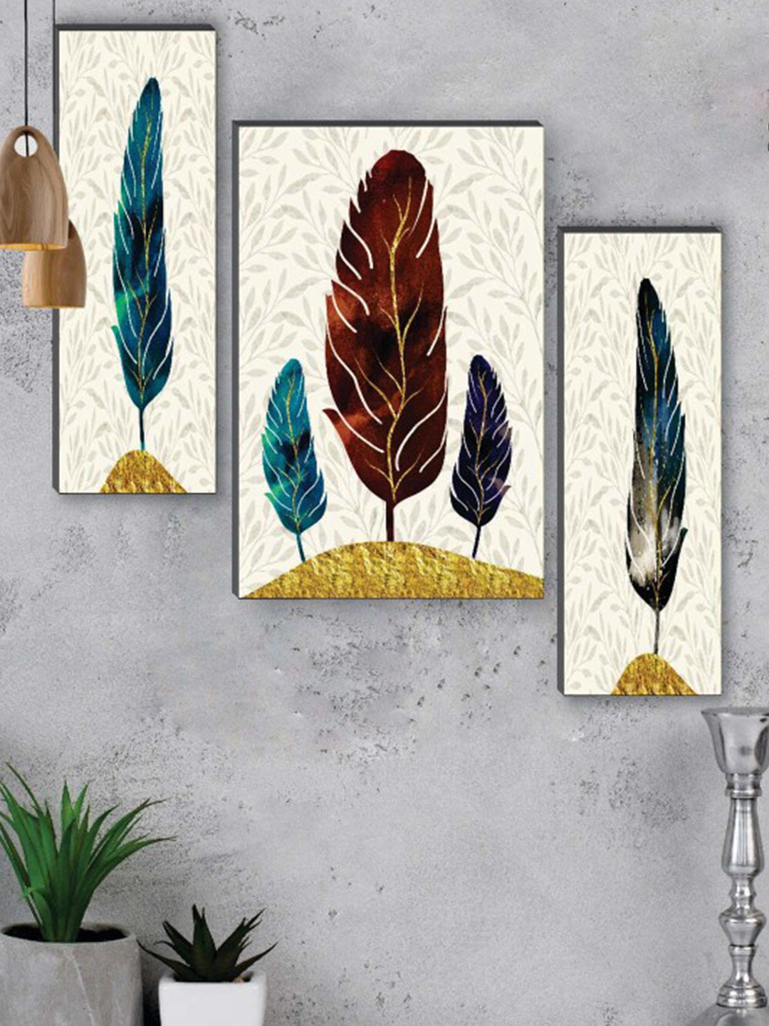 SAF Off White & Blue 3 Pcs Preety Flower Pot Painted UV Textured Self Adhesive Wall Art