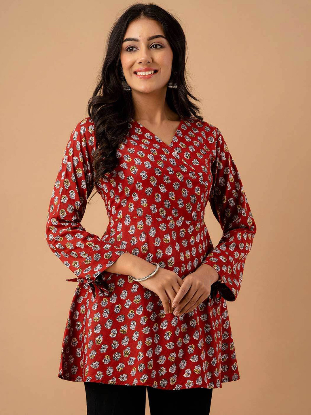 LIVING ROOTS Floral Printed V-Neck Pure Cotton Angrakha A-Line Casual Short Kurti