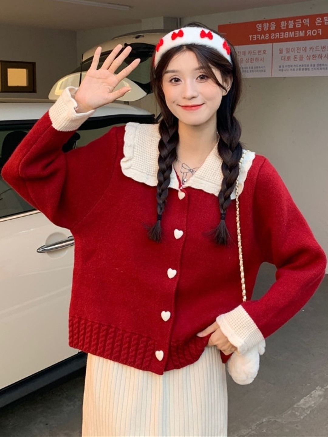 HERE&NOW Women Red Collarless Long Sleeves Colourblocked Polyester Open Front Sweaters