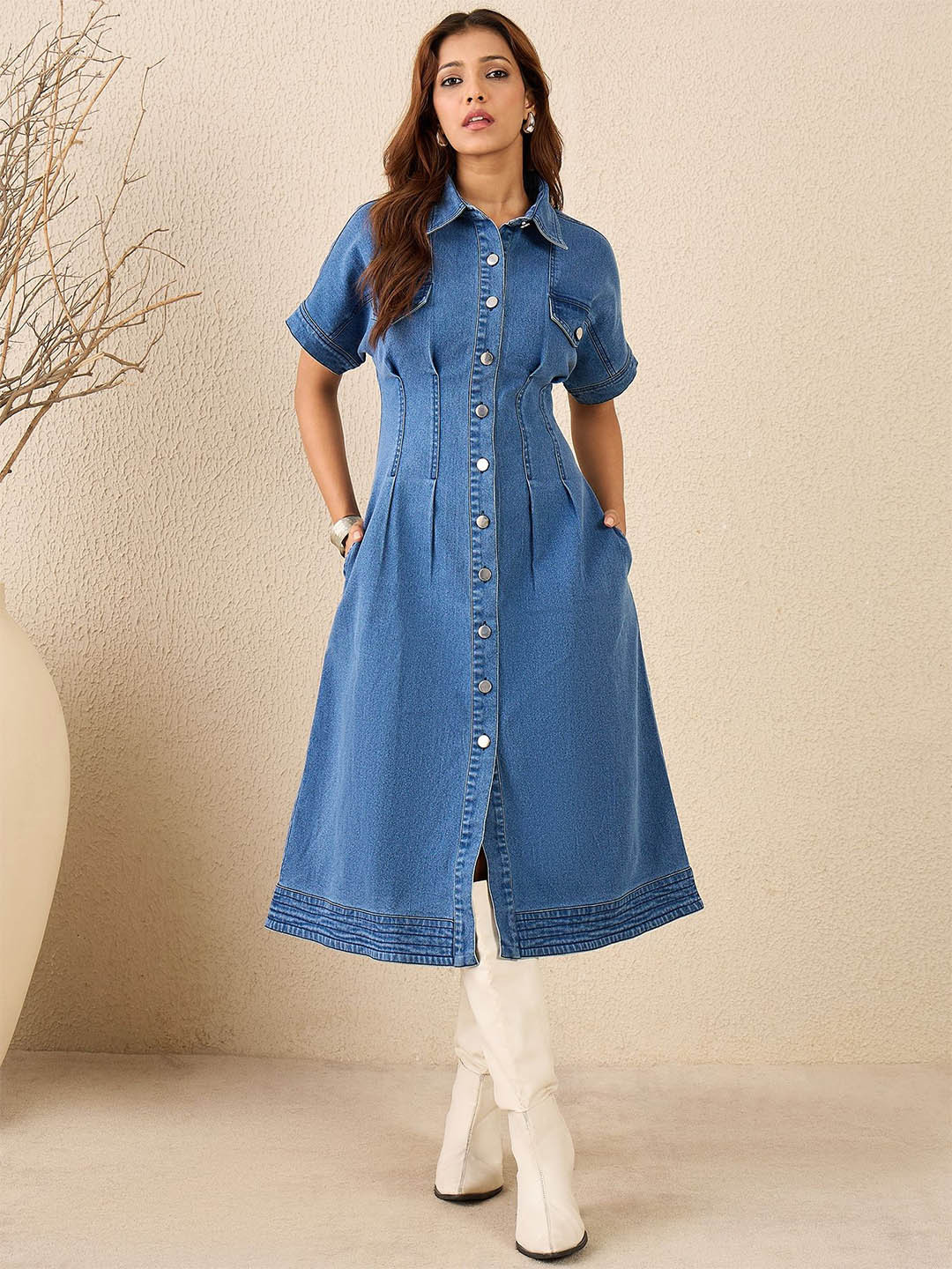 StyleStone Shirt Collar Gathered or Pleated Pocket Detailing Denim Shirt Dress