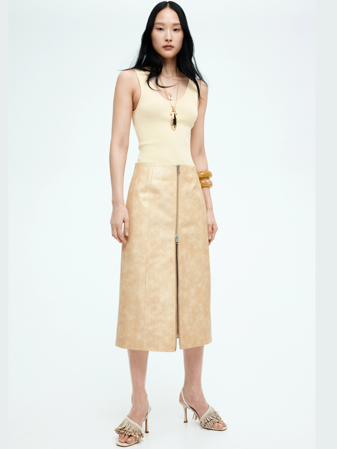 H&M Coated Zip-Front Skirt