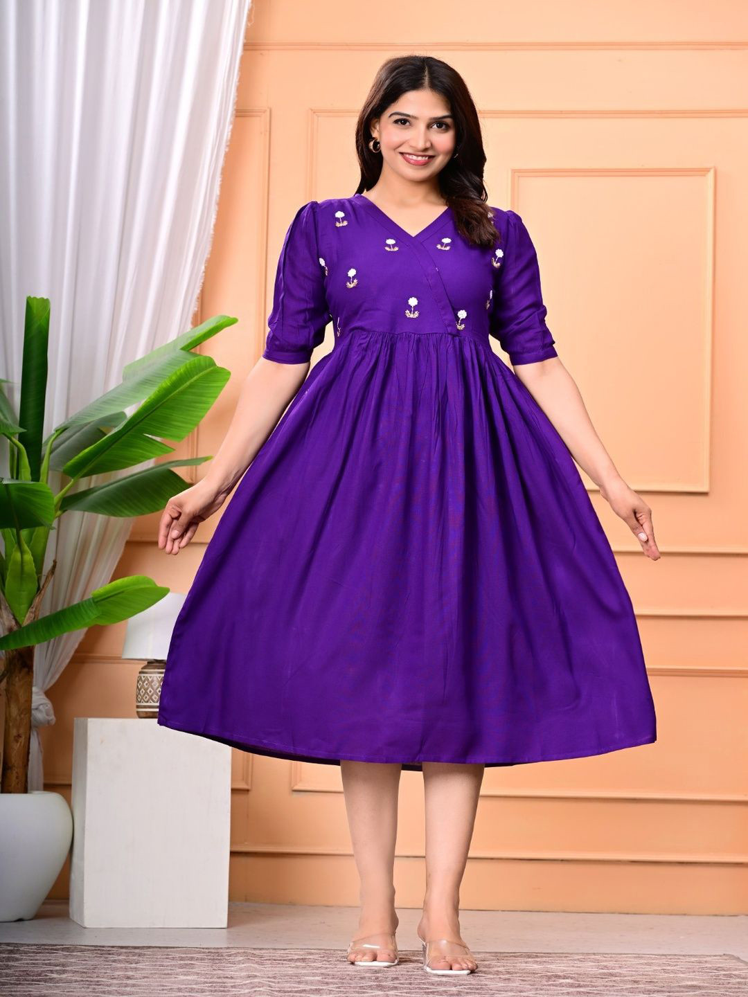 Purple Solid A-Line Midi Dress with Embroidered Detail