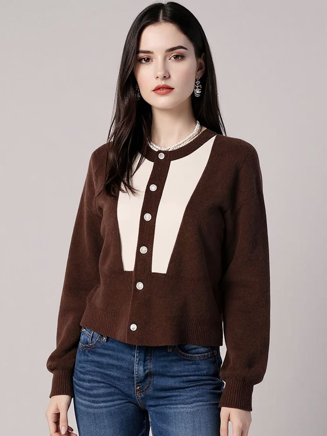 bebe Women Colourblocked Round Toe Front-Open Sweaters