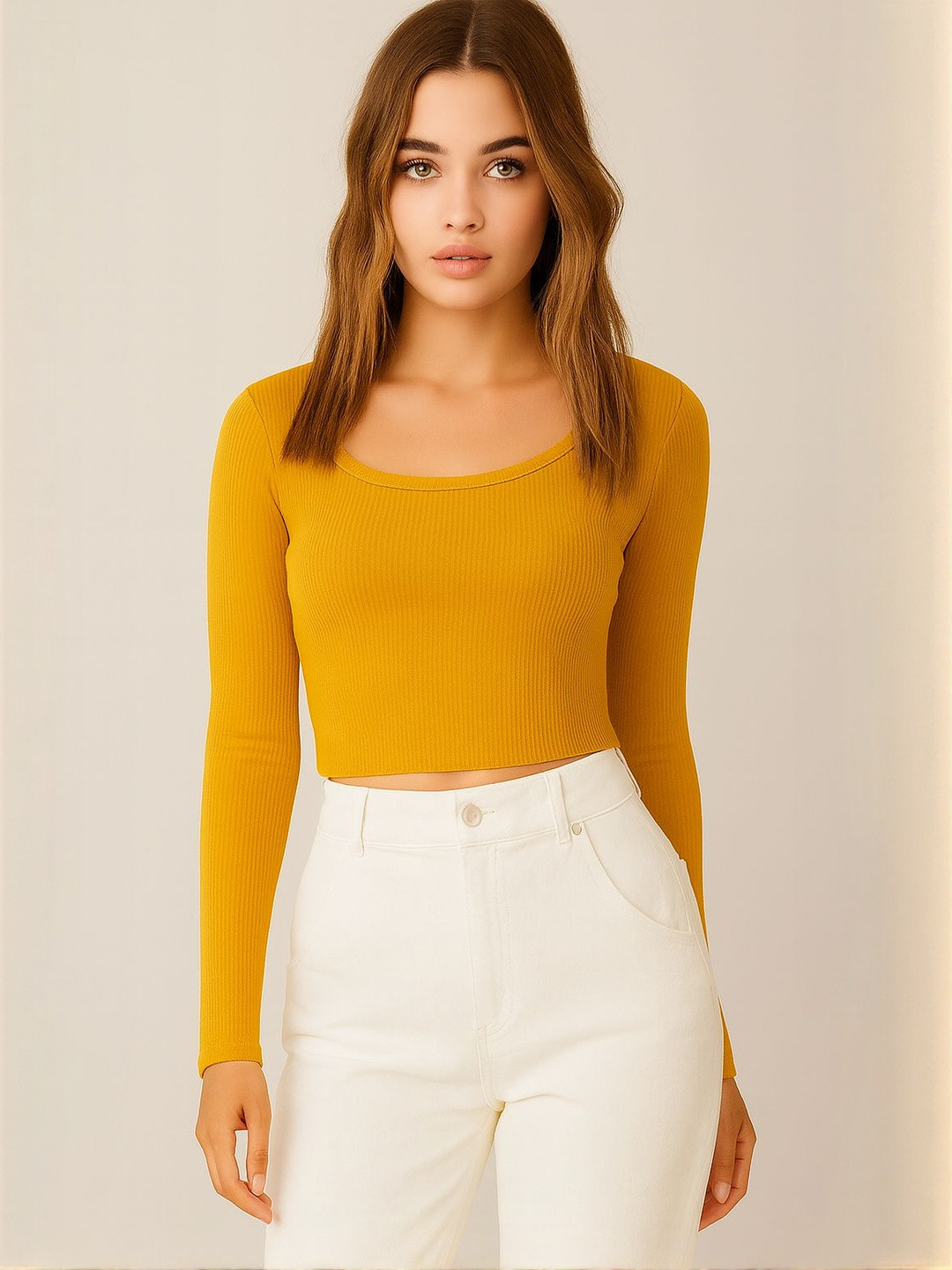 Lagashi Women Solid Rib-Knit Fitted Crop Top