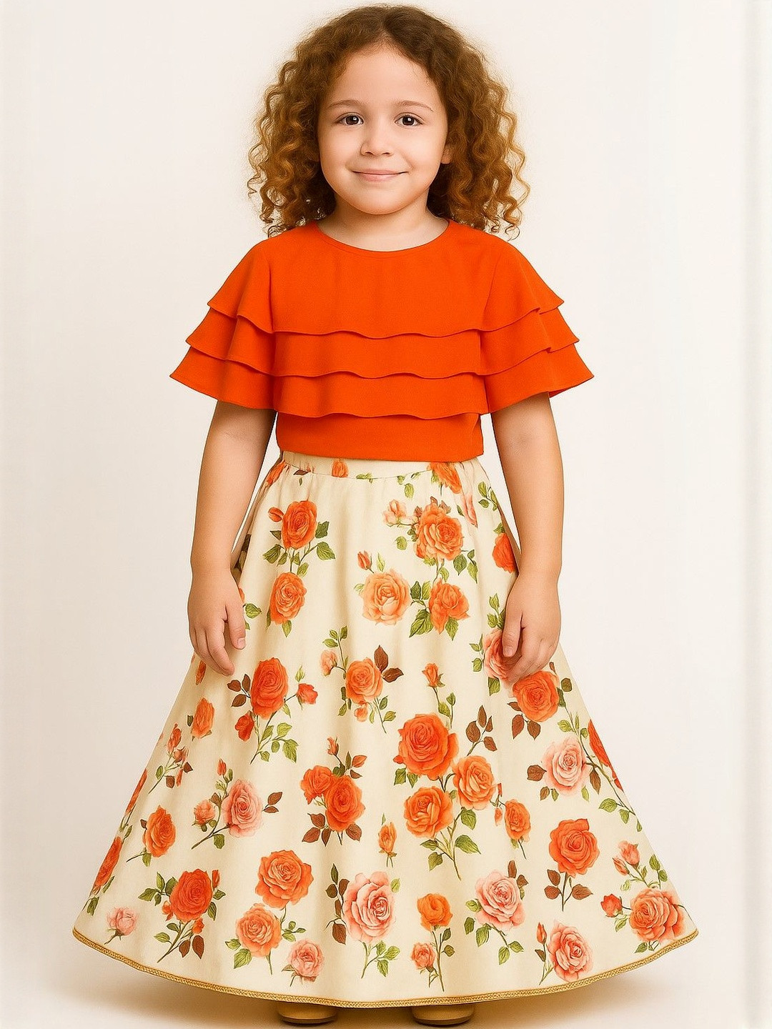 My Lil Princess Kids Girls Orange & Cream Polyester A-Line Maxi Dress