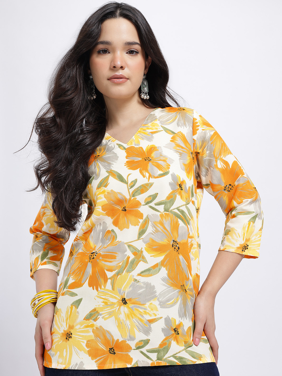 Anouk Rustic Floral Printed V-Neck Straight Pure Cotton Kurti