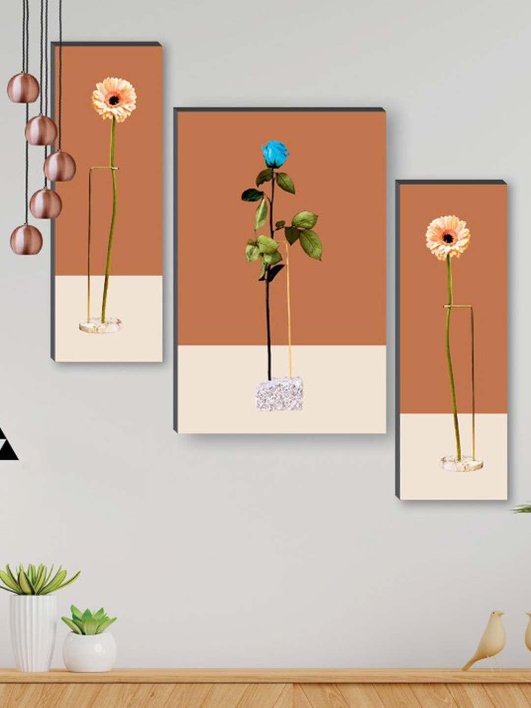 SAF Brown & Beige 3Pcs Preety Flower Pot UV Textured Self Adhesive Frame Painting Wall Art