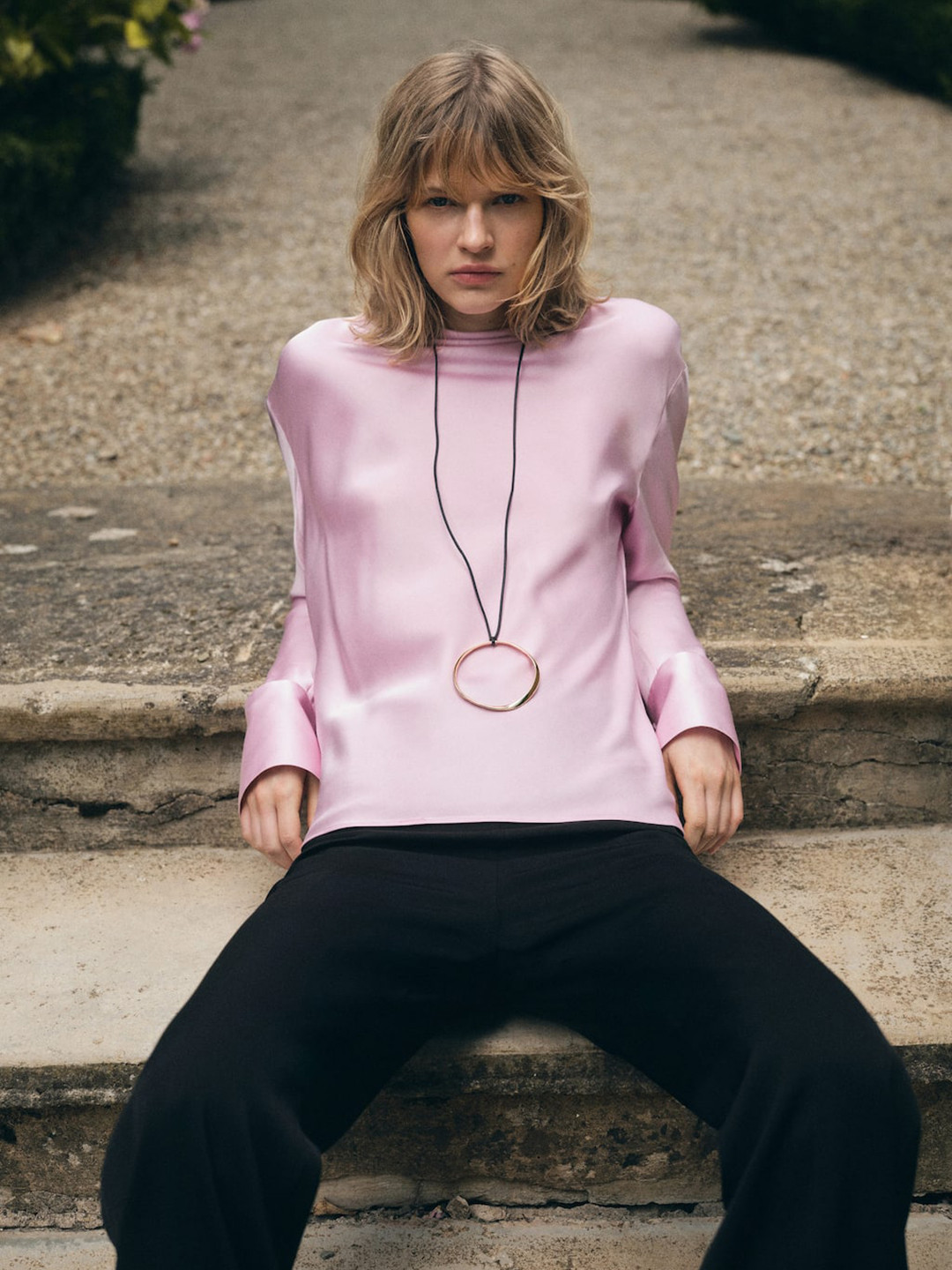 MANGO Bell Sleeve Satin Finish Styled Back Top