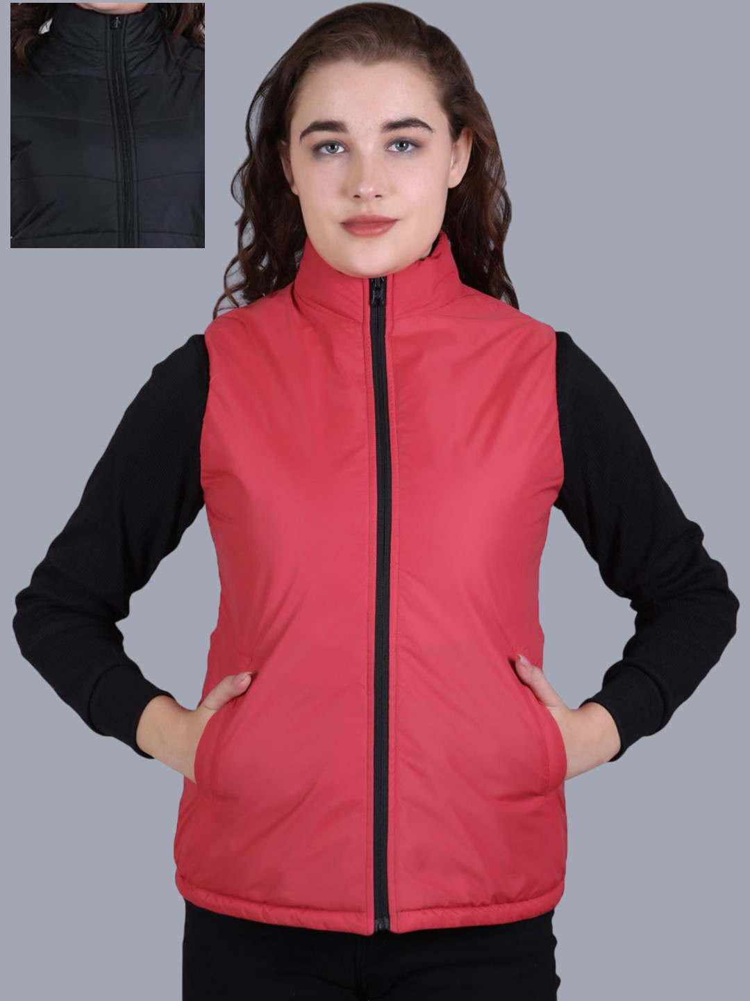 Rare Times Women Mock Collar Solid Reversible Gilet Jacket