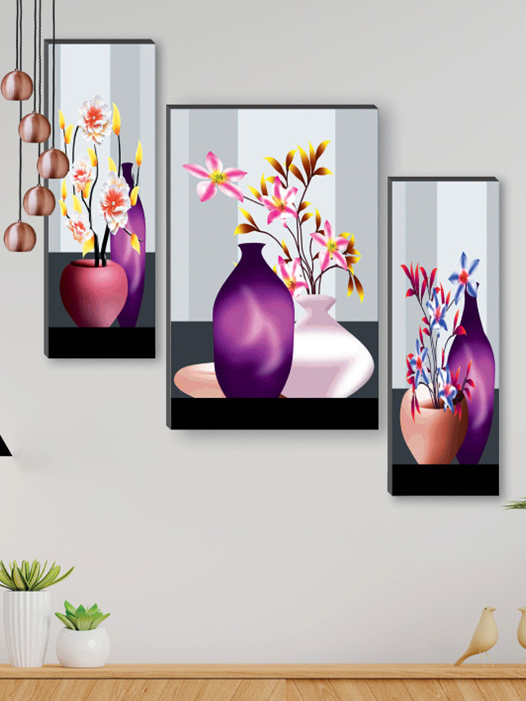 SAF Grey & Purple 3-Pcs Pretty Flower Pot UV Textured Self Adeshive Framed Wall Painting
