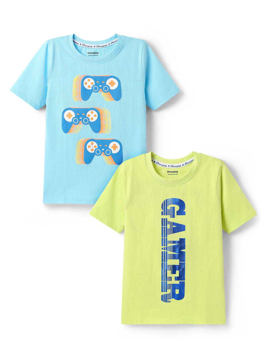 Honeyhap Boys Pack Of 2 Cotton Blend Gamer Theme & Typography Printed T-shirt
