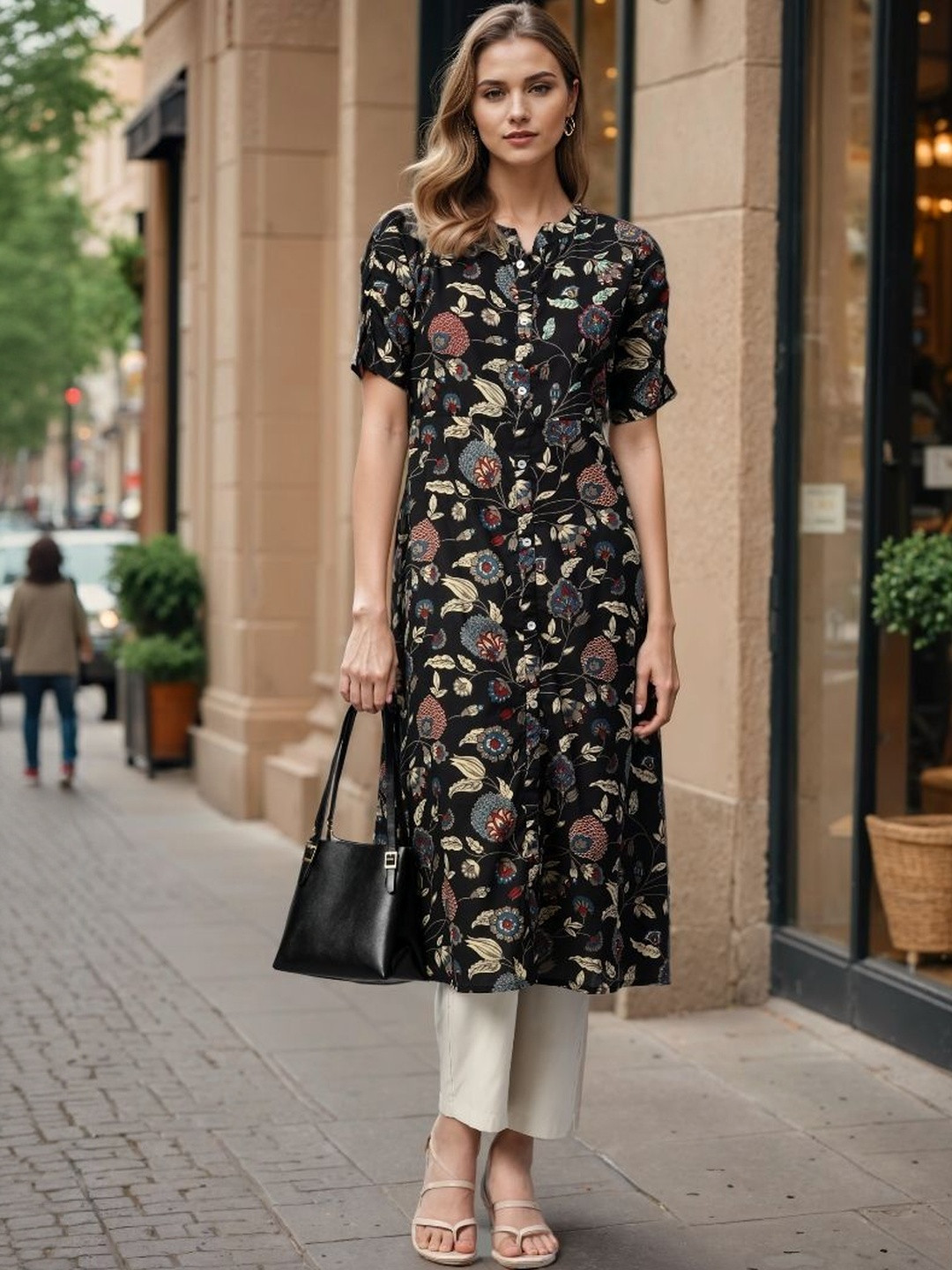 SZN Women Black Print & Hand Work A-Line Cotton Stitched Kurta