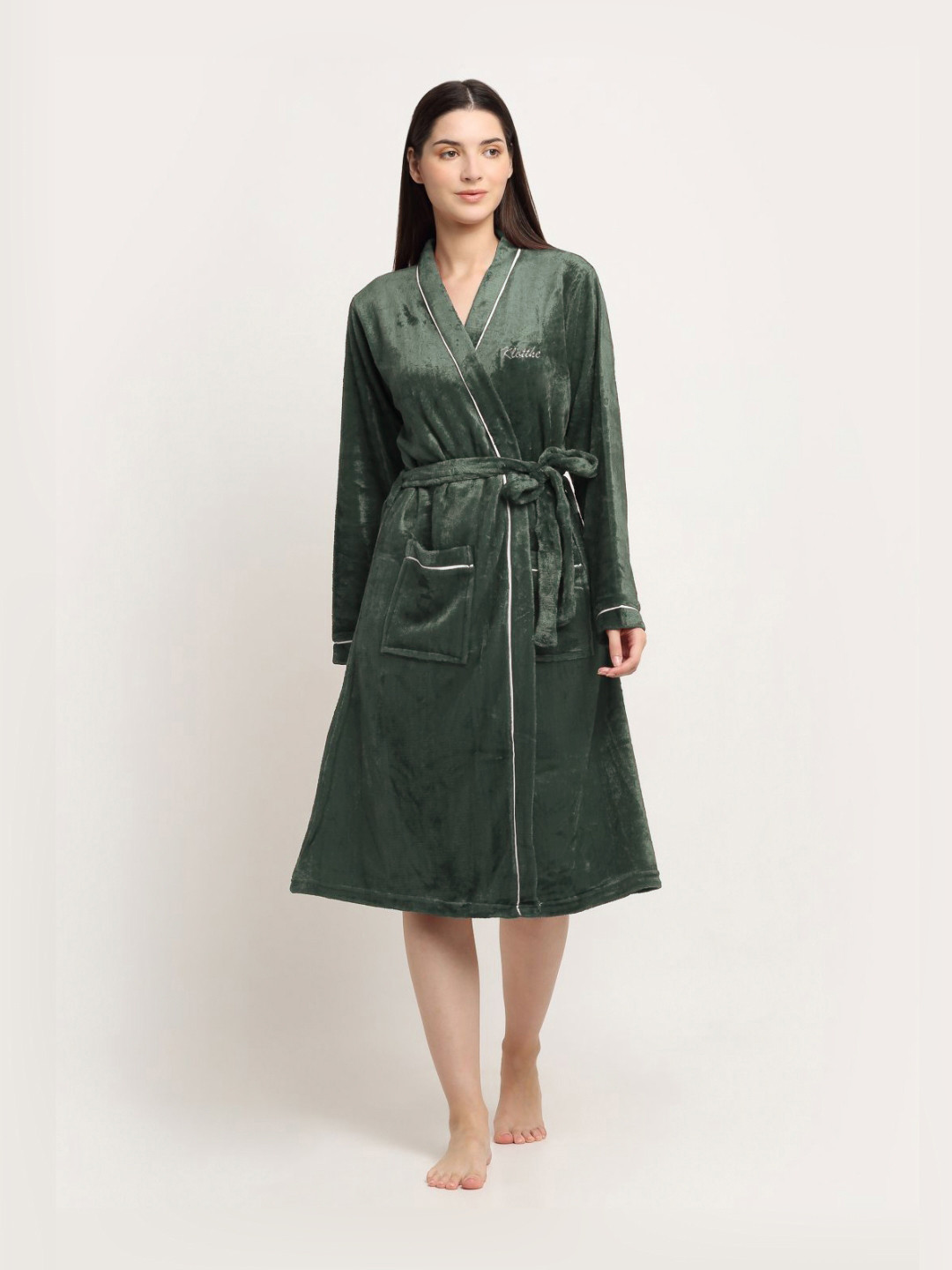 KLOTTHE Olive Solid Wool Tie-Ups Midi Bath Robe-L