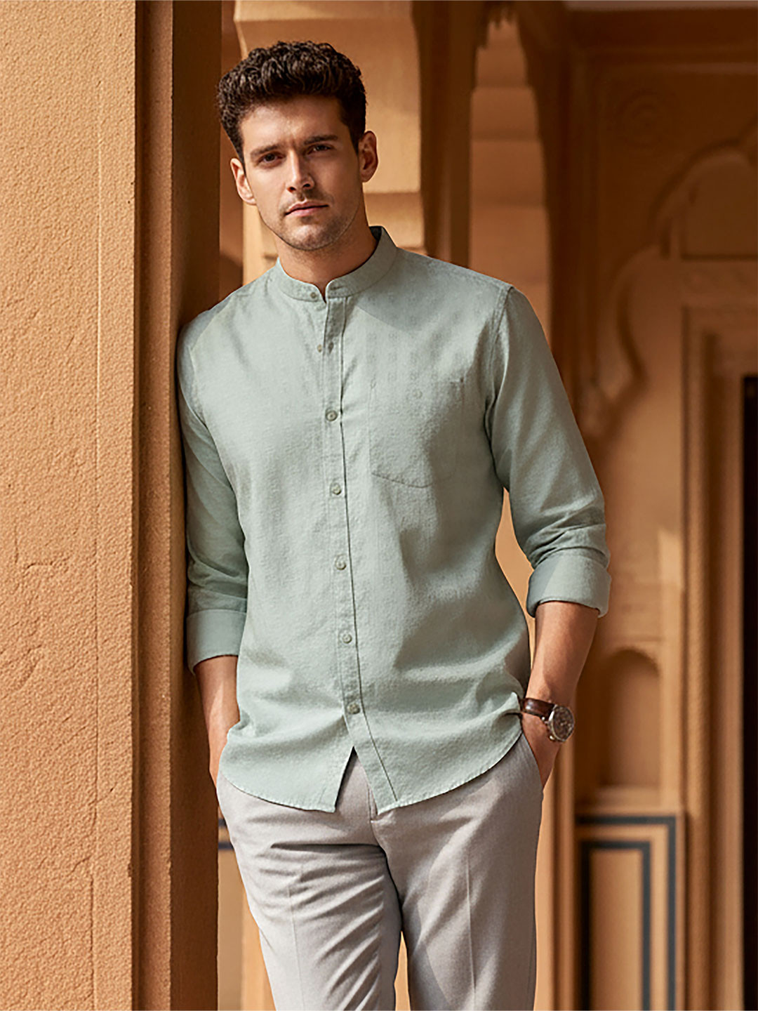 Beyoung Men Regular Fit Mandarin Collar Textured Cotton Shirt