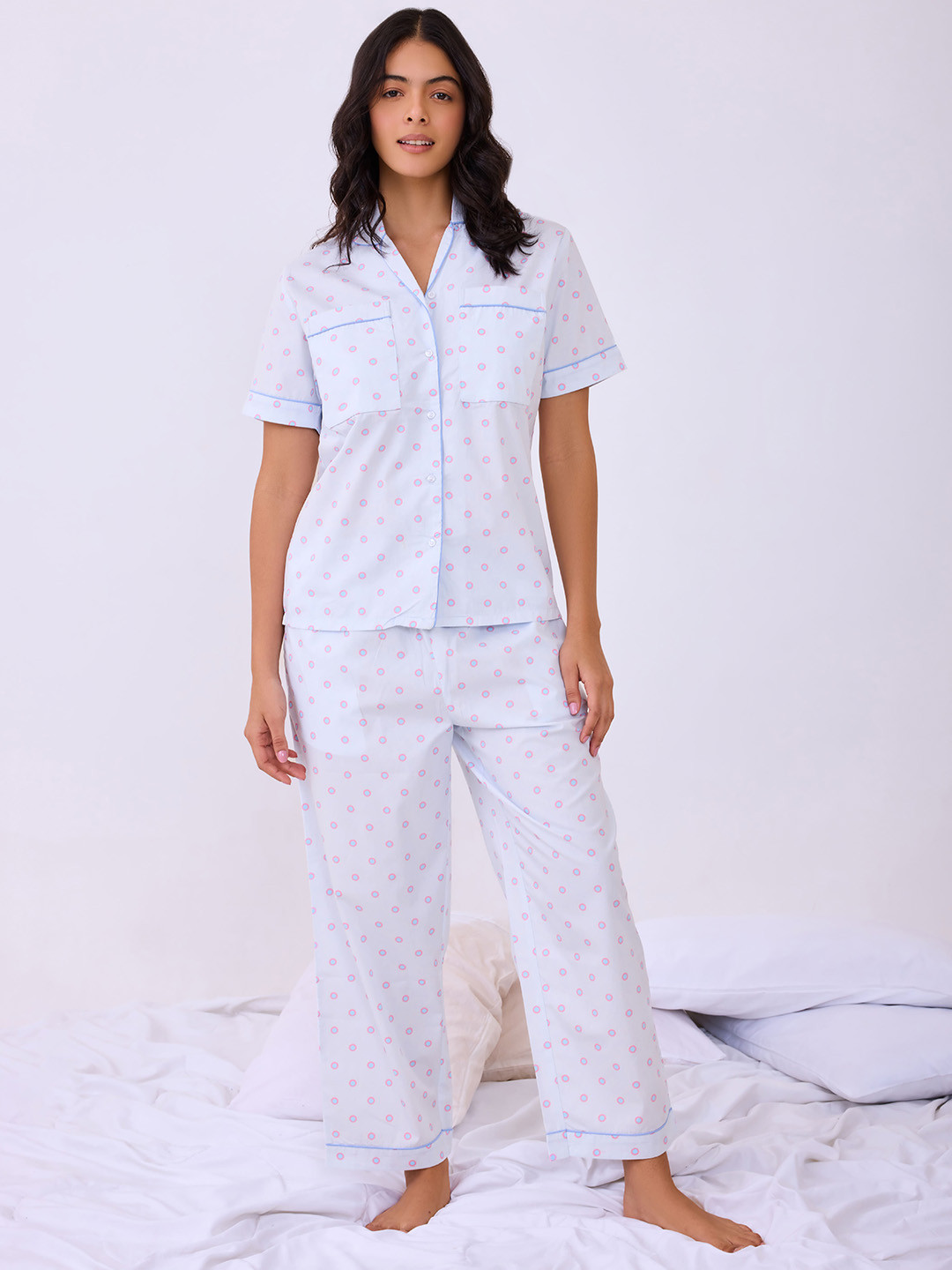 Blyssin Printed Women 3-Pcs  Short Sleeve Shirt Shorts & Trousers Night Suit