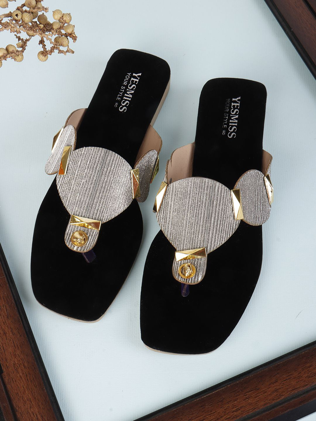 Yesmiss Women Textured T-Strap Flats With Western - Embellished