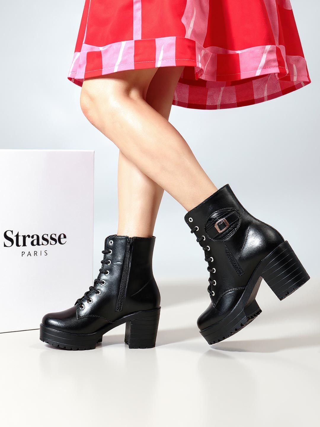 STRASSE PARIS Women Round Toe Buckle Lace Up Chunky Block Heeled Boots