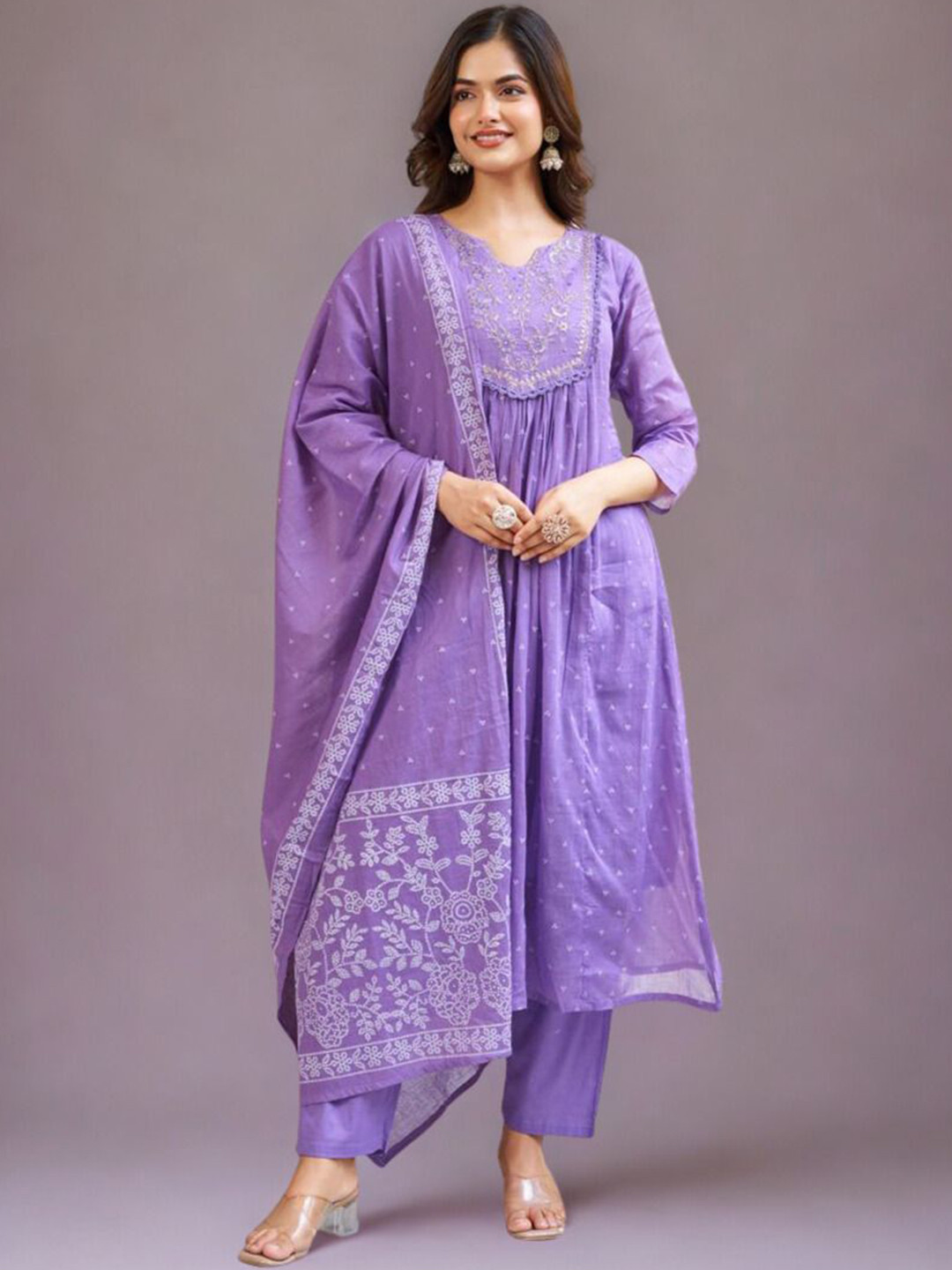 FAST FASHIONS Women Ethnic Motifs Printed Tiered Thread Work Kurta with Trousers & With Dupatta