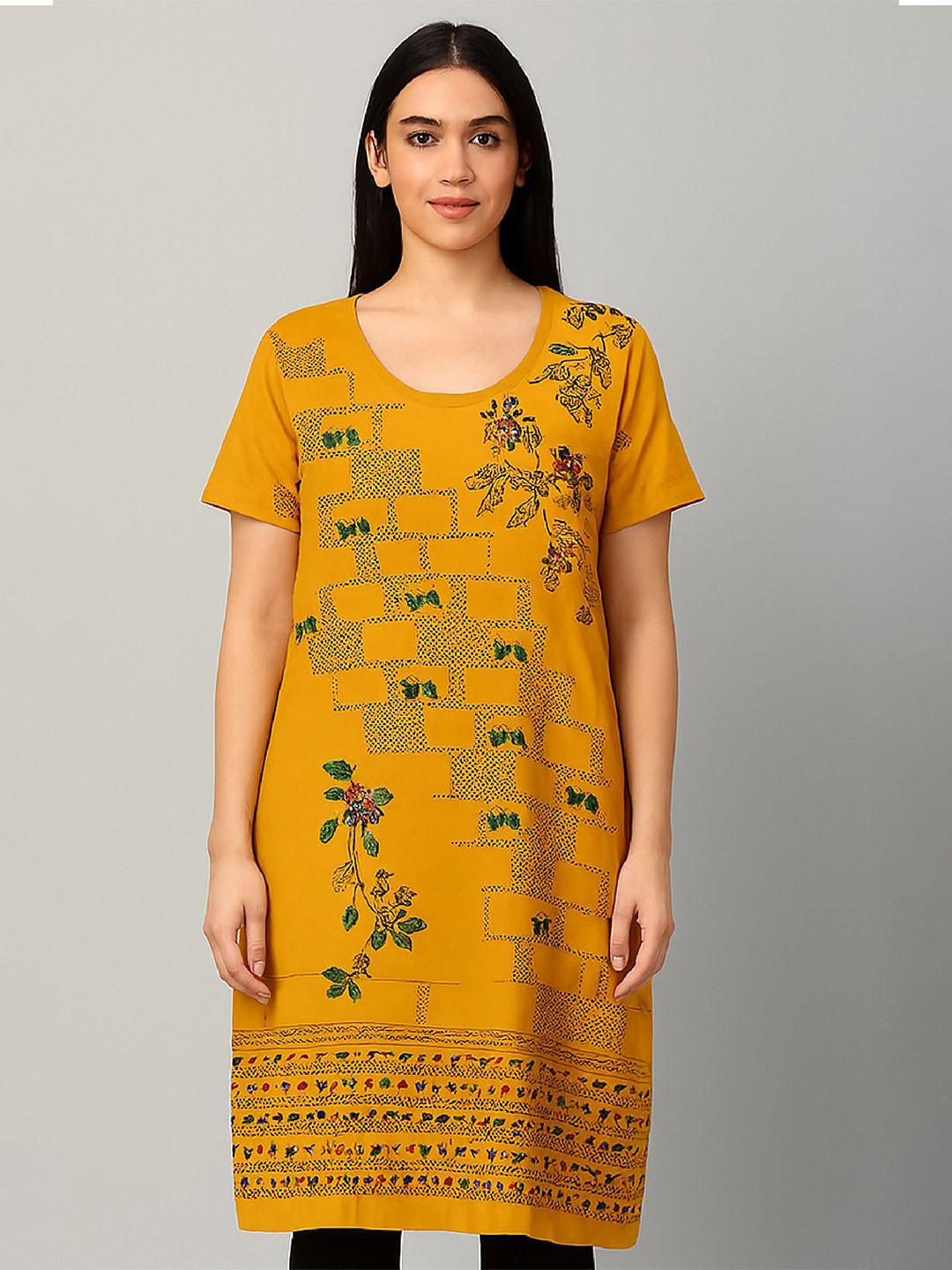 SANDPIPER Women Floral Printed Round Neck Cotton Longline Top
