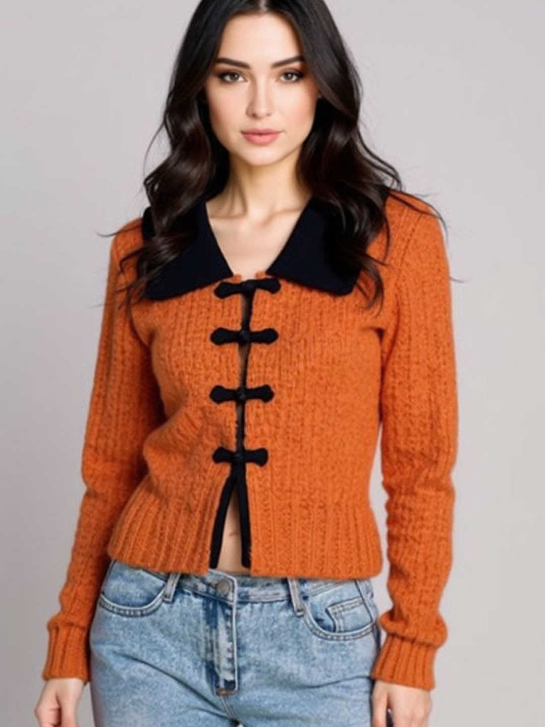 bebe Women Open Knit Self Design Shirt Collar Front-Open Sweaters
