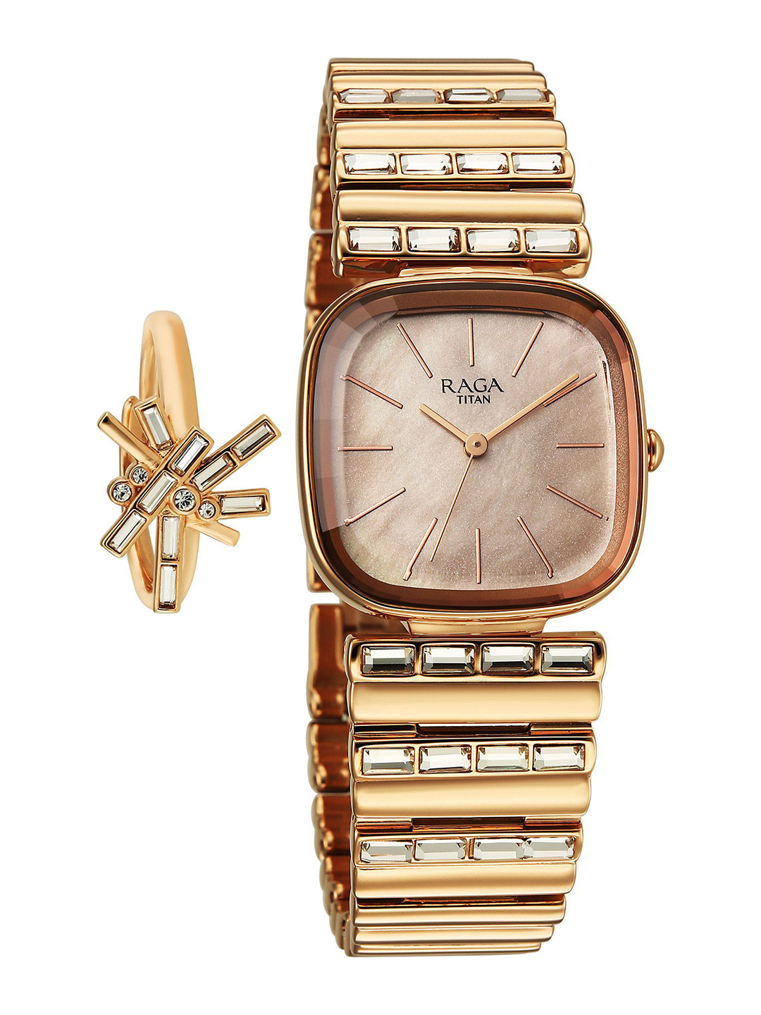 Titan Raga Glimmers Quartz Rose Gold Shaped Dial Women's Watch - 95339WM01F