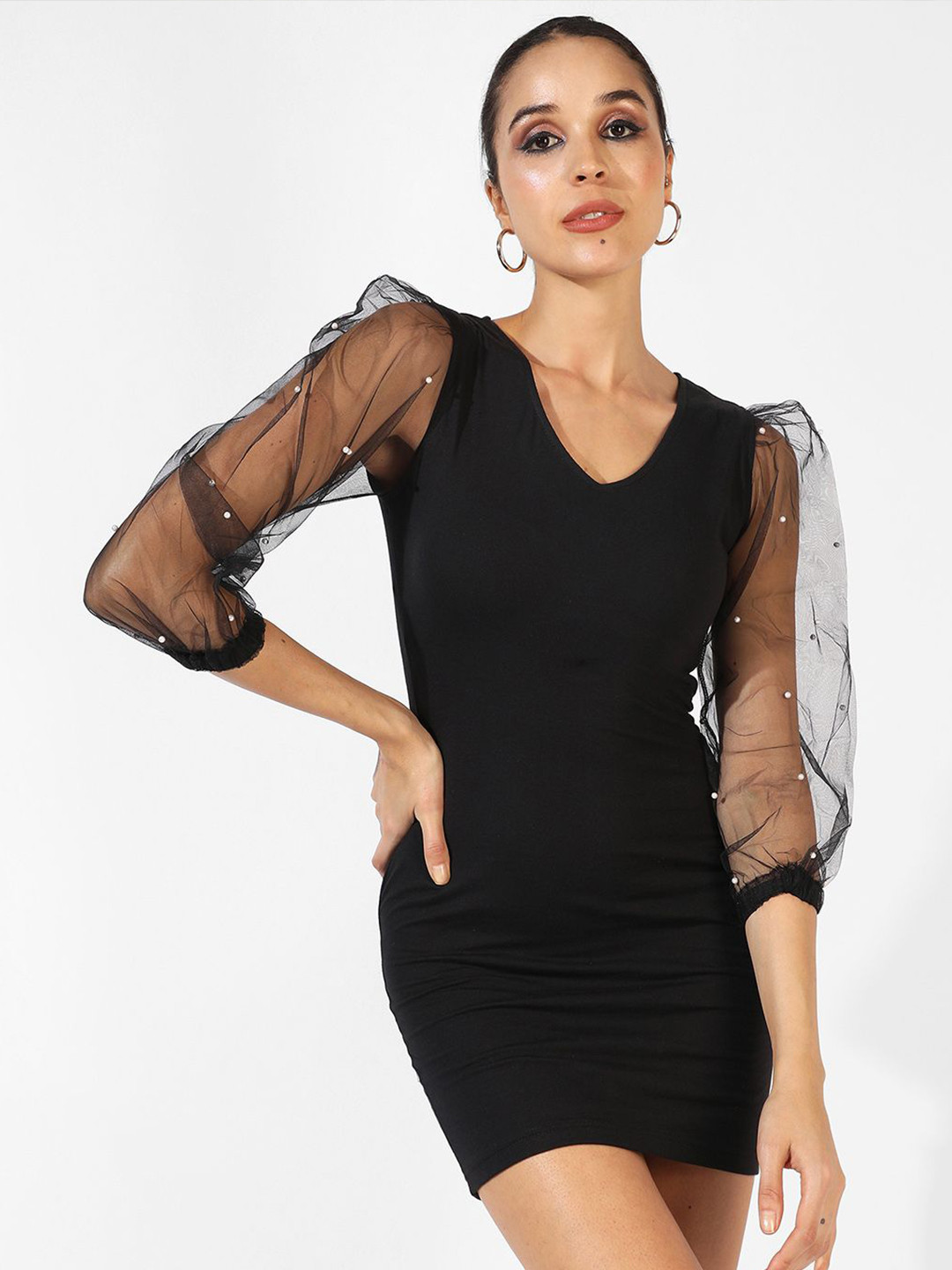 PINACOLADA Embellished Sheer Puff Sleeve Bodycon Mini Dress