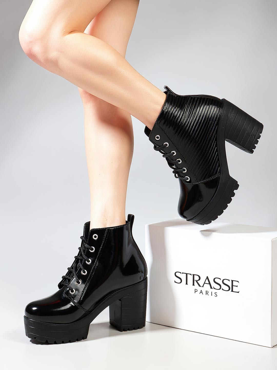 STRASSE PARIS Women Round Toe Buckle Lace Up Chunky Block Heeled Boots