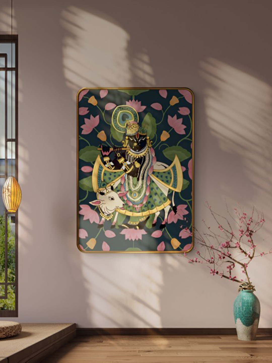 SAF Blue & Green Shrinath ji Pichwai Sparkle Lamination Wood Wall Painting