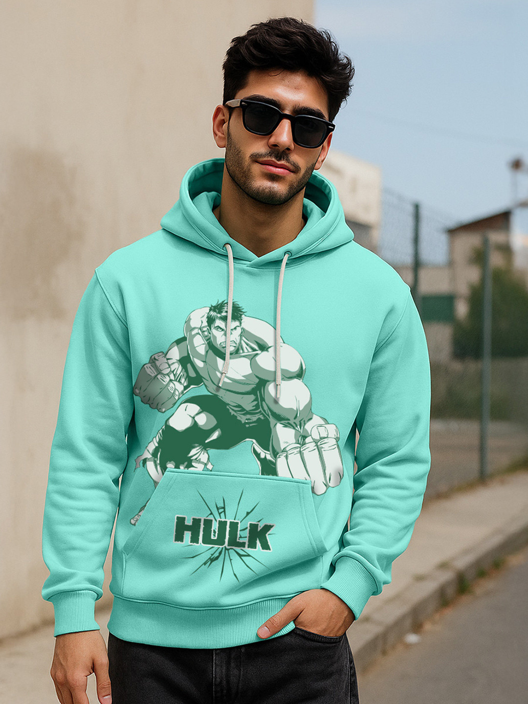 VEIRDO Marvel Hulk Green Printed Cotton Fleece Regular Fit Hooded Pullover Sweatshirt