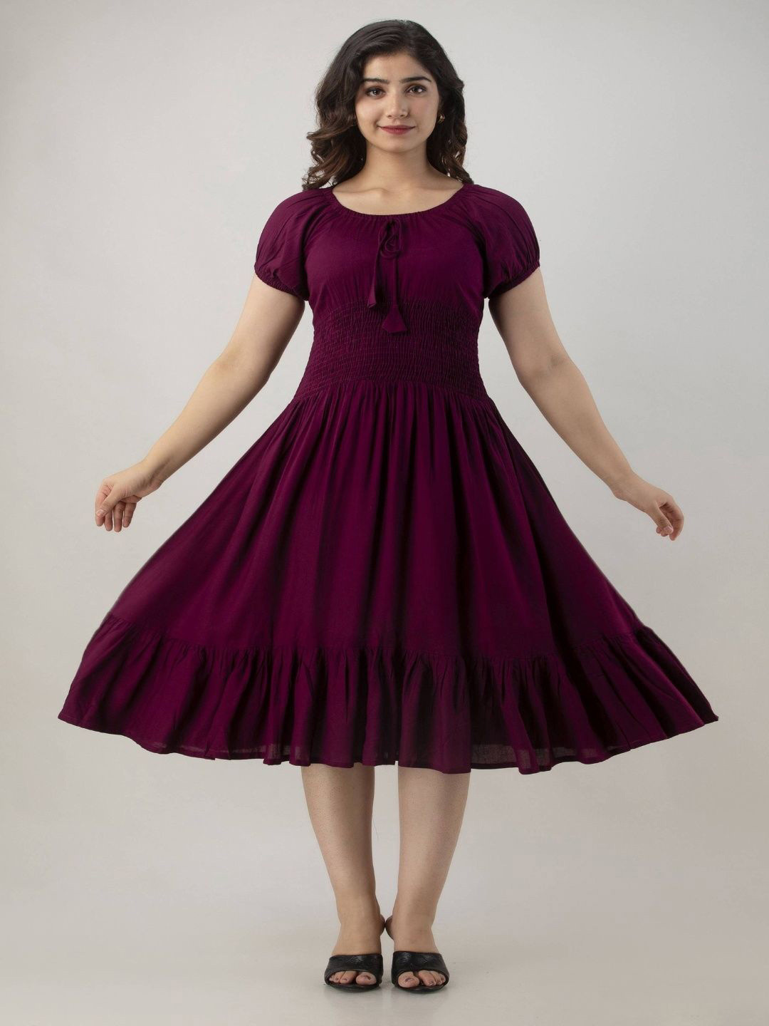 Set to Shine Shop Women Smocked Puff Sleeve Tiered Fit & Flare Midi Dress