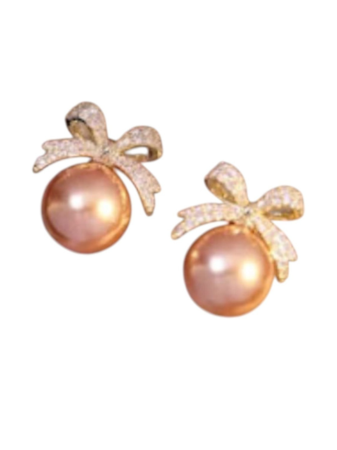 Klean & Care Women Stainless steel Pink Pearl With Gold and Rhinestone Stud Bow Earrings