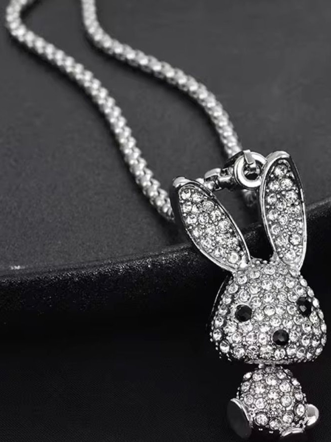 Nitant Women Silver Stones Studded Iced Rabbit Necklace Pendant Chain