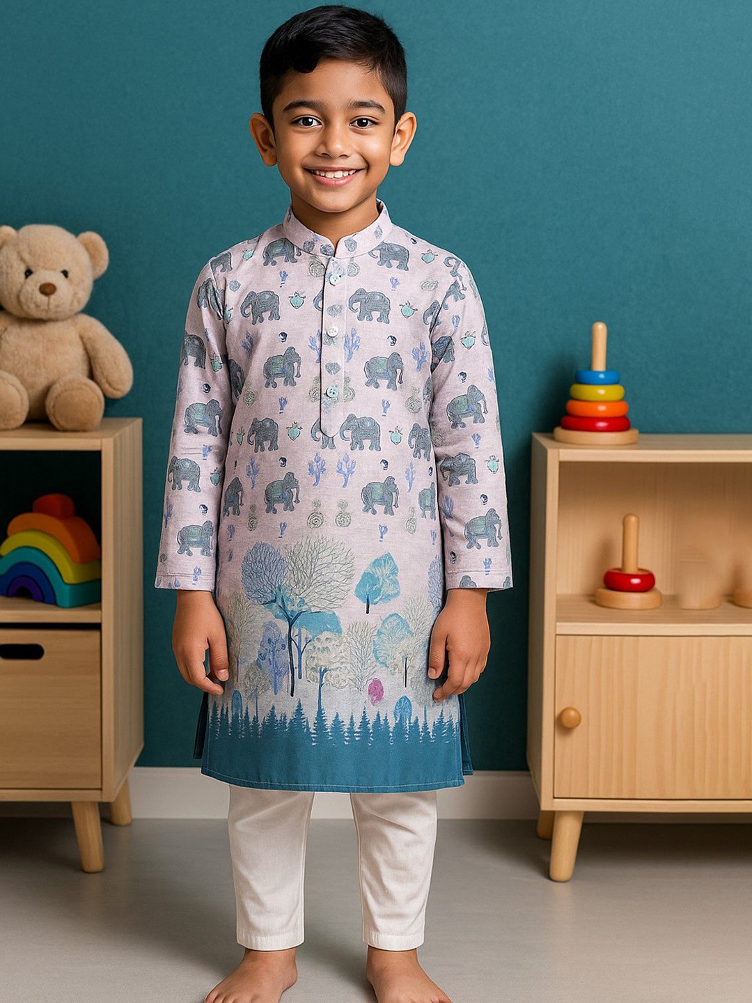 BAESD Boys Blue  Cotton Blend Animal Printed Regular Sequinned Kurta with Pyjamas