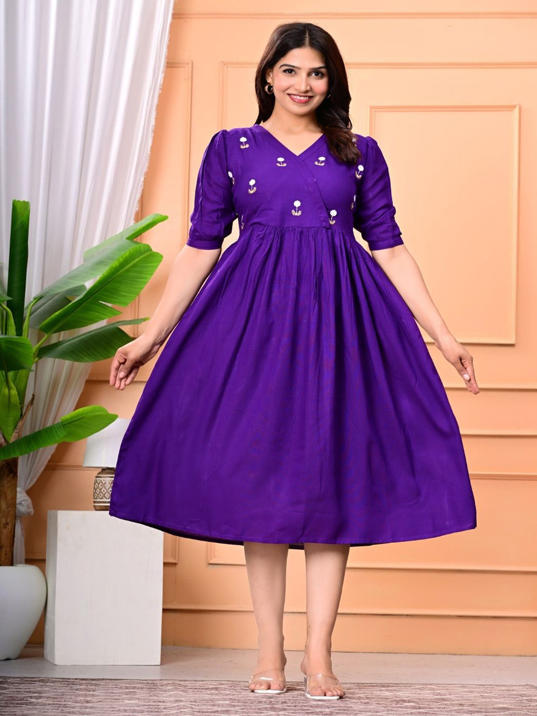 K R Sales Women Floral Embroidered Gathered or Pleated V-Neck Fit & Flare Dress