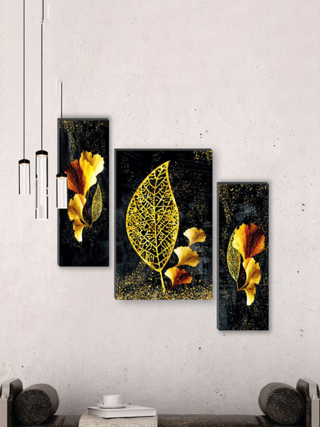 SAF Black 3 Pieces Preety Flower Pot UV Textured Self Adeshive Frame Painting Wall Art