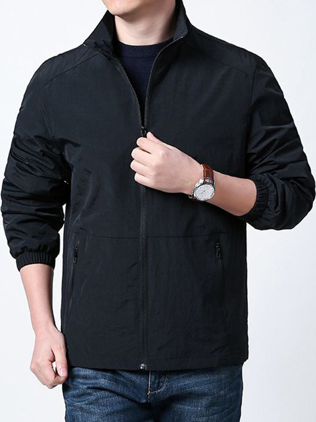 StyleCast x Revolte Men Stand Collar Solid Biker Jacket