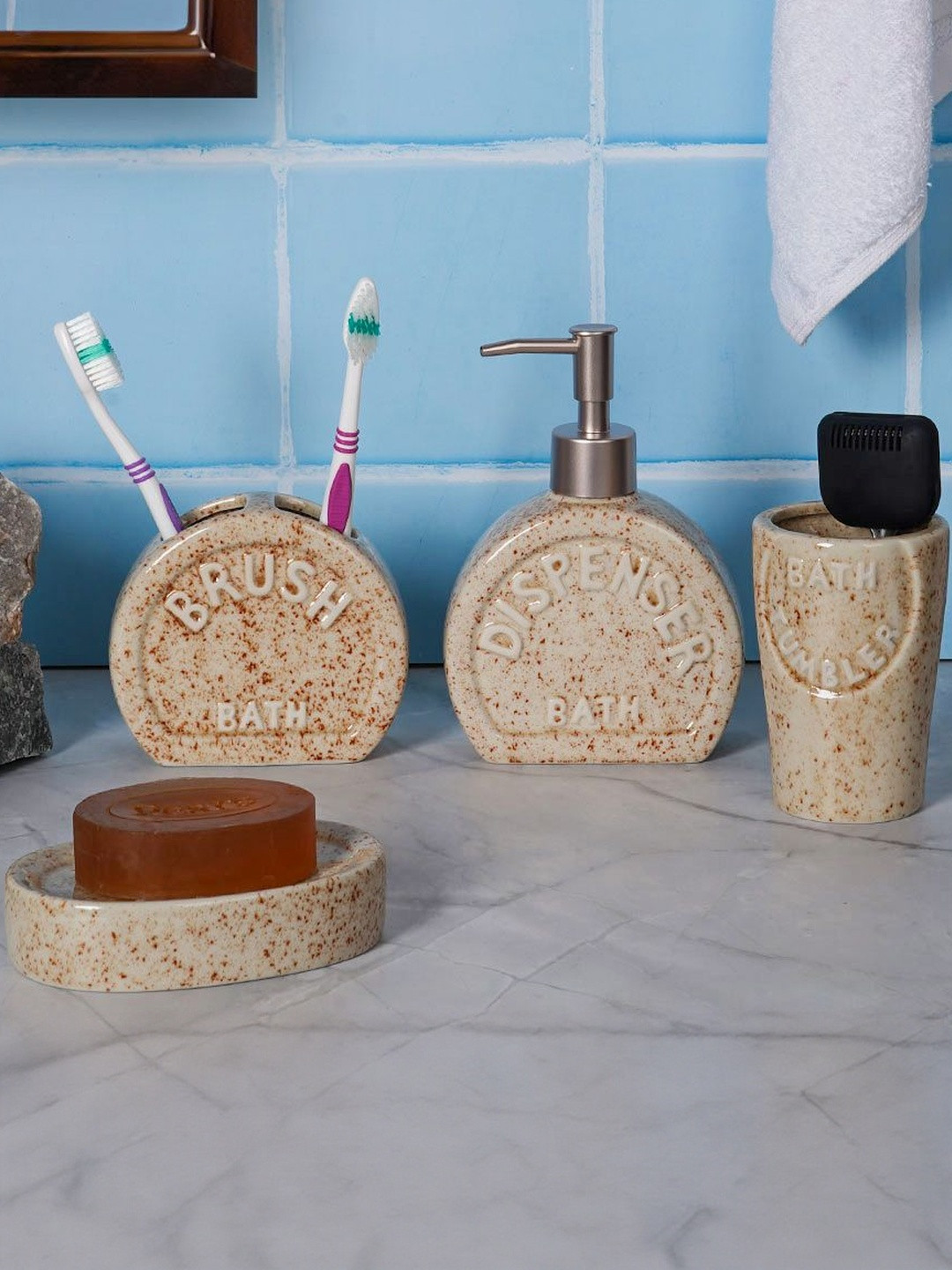 AARVI DECOR STUDIO Set of 4 Soap Case Toothbrush Holder & Soap Bliss Bathset