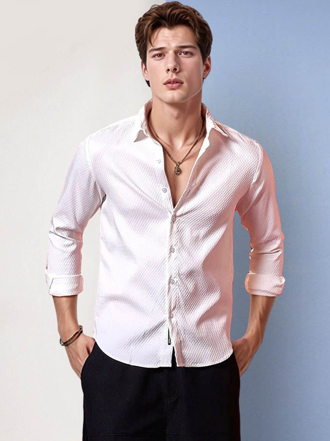 SZN Men Polyester Spread Collar Long Sleeve Regular Fit Casual Shirt
