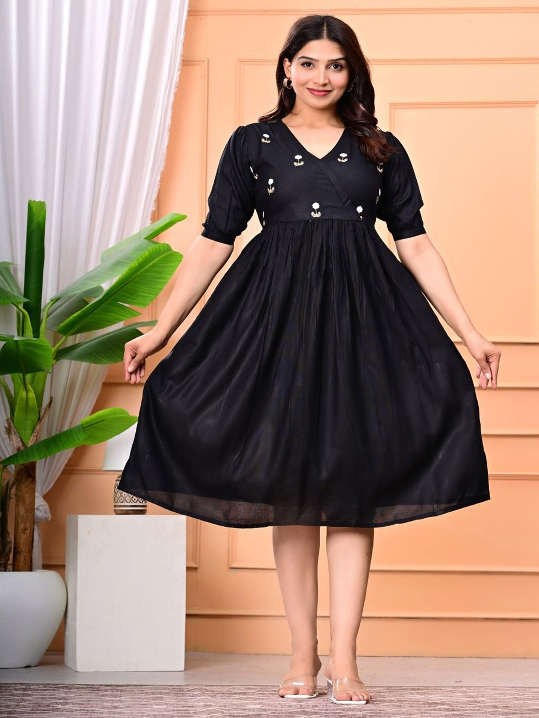 JIYANSH SHOP Floral Embroidered V-Neck Fit & Flare Dress