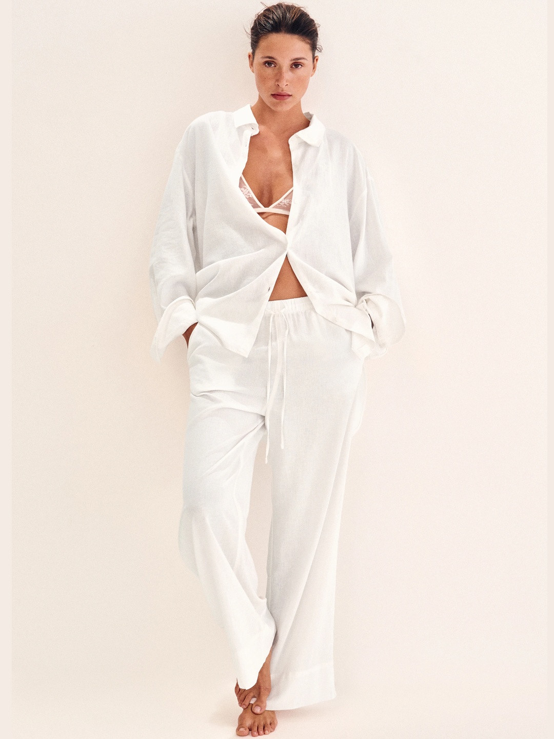 H&M Women Wide Linen-Blend Trousers