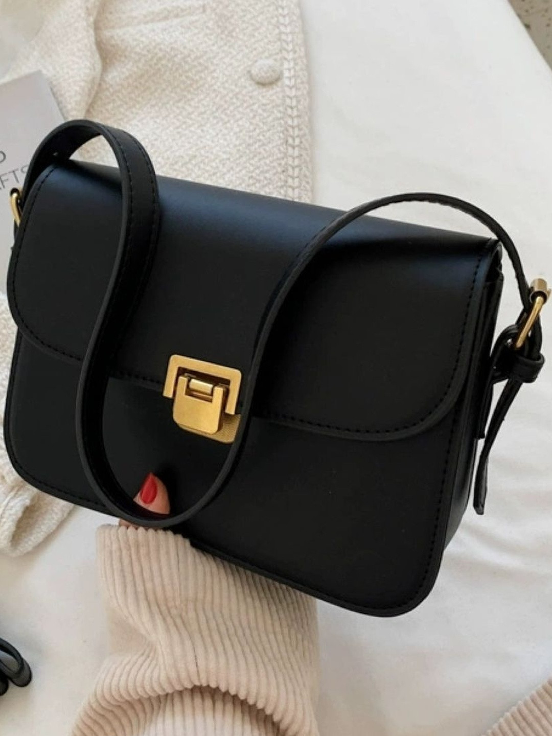 CORSICA Women Black & Gold-Toned PU Swagger Satchel