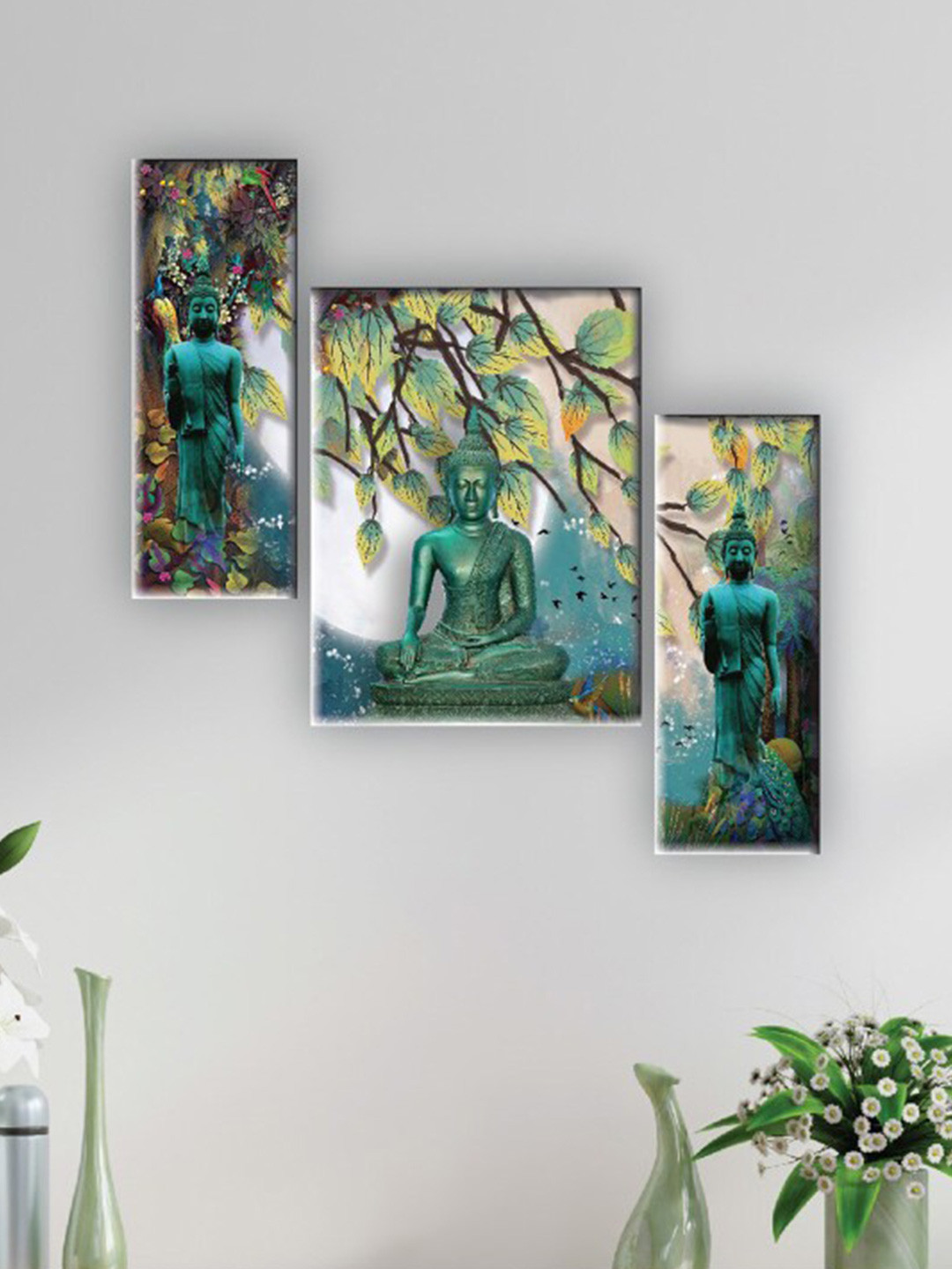 SAF Green 3 Pieces Lord Buddha Painting UV Textured Wall Arts