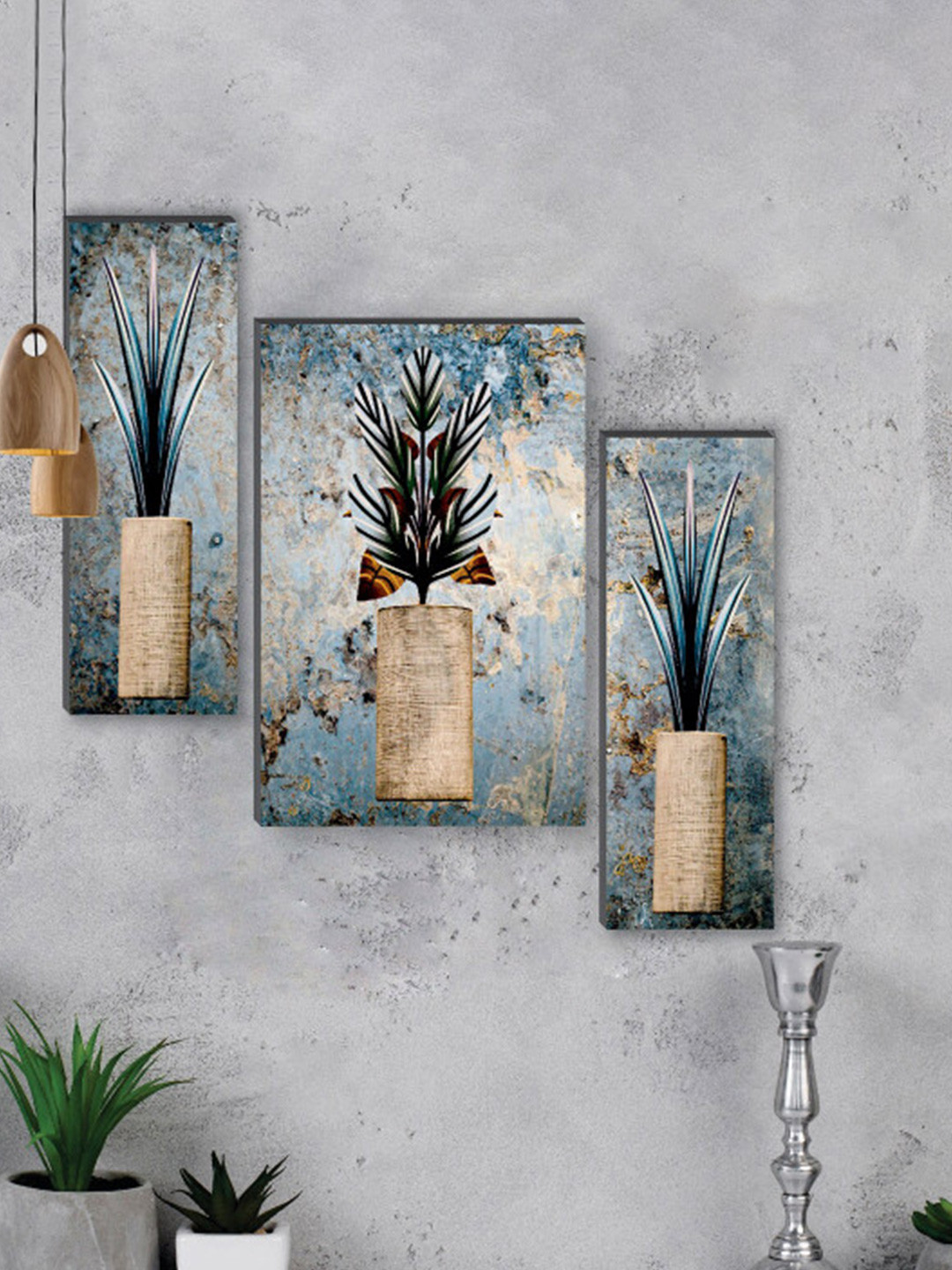SAF Blue & Brown 3-Pieces Preety Flower Pot UV Textured Self adhesive Painting Wall Art