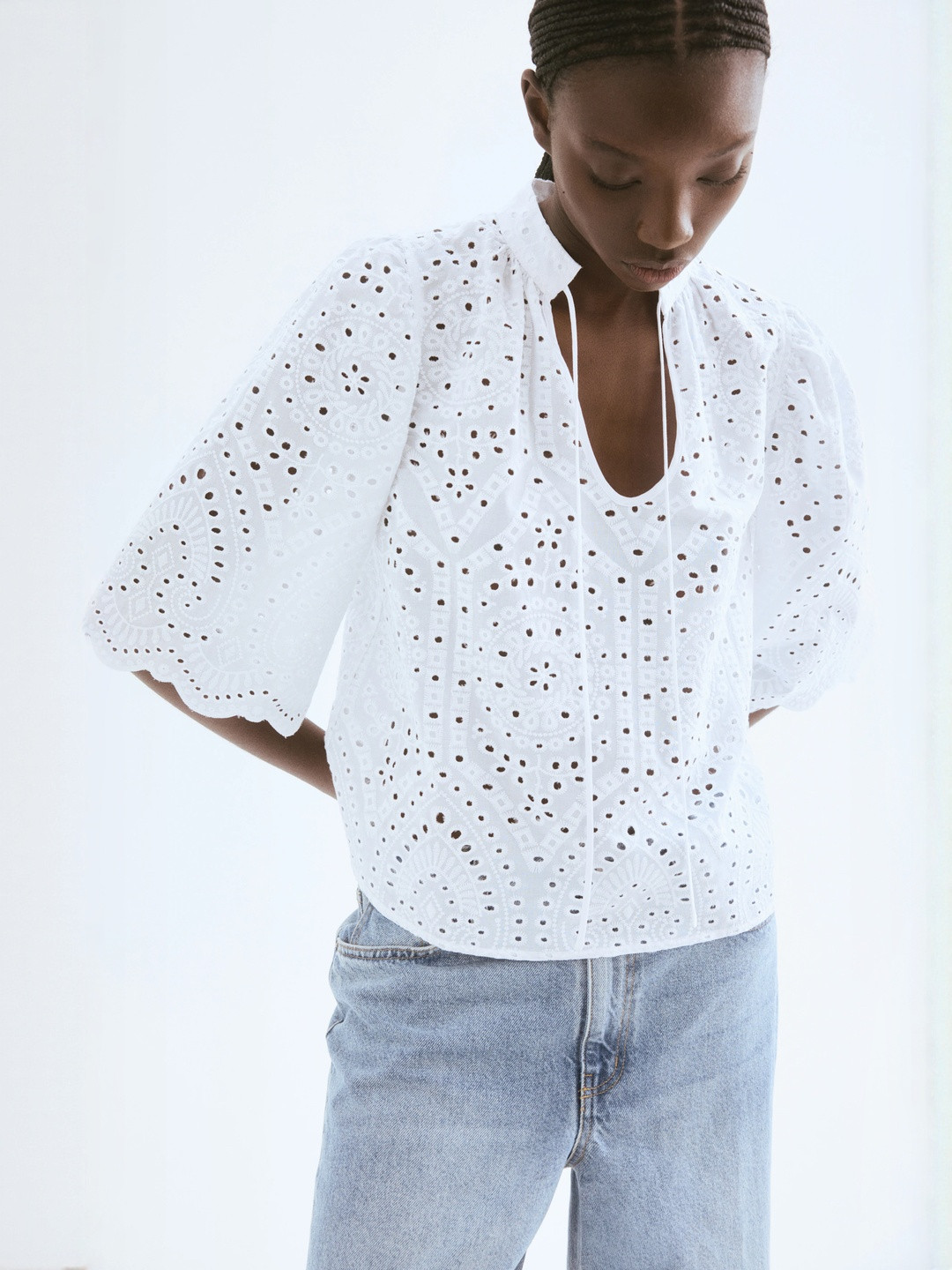 H&M Women Broderie Anglaise Blouse 1282574001-White