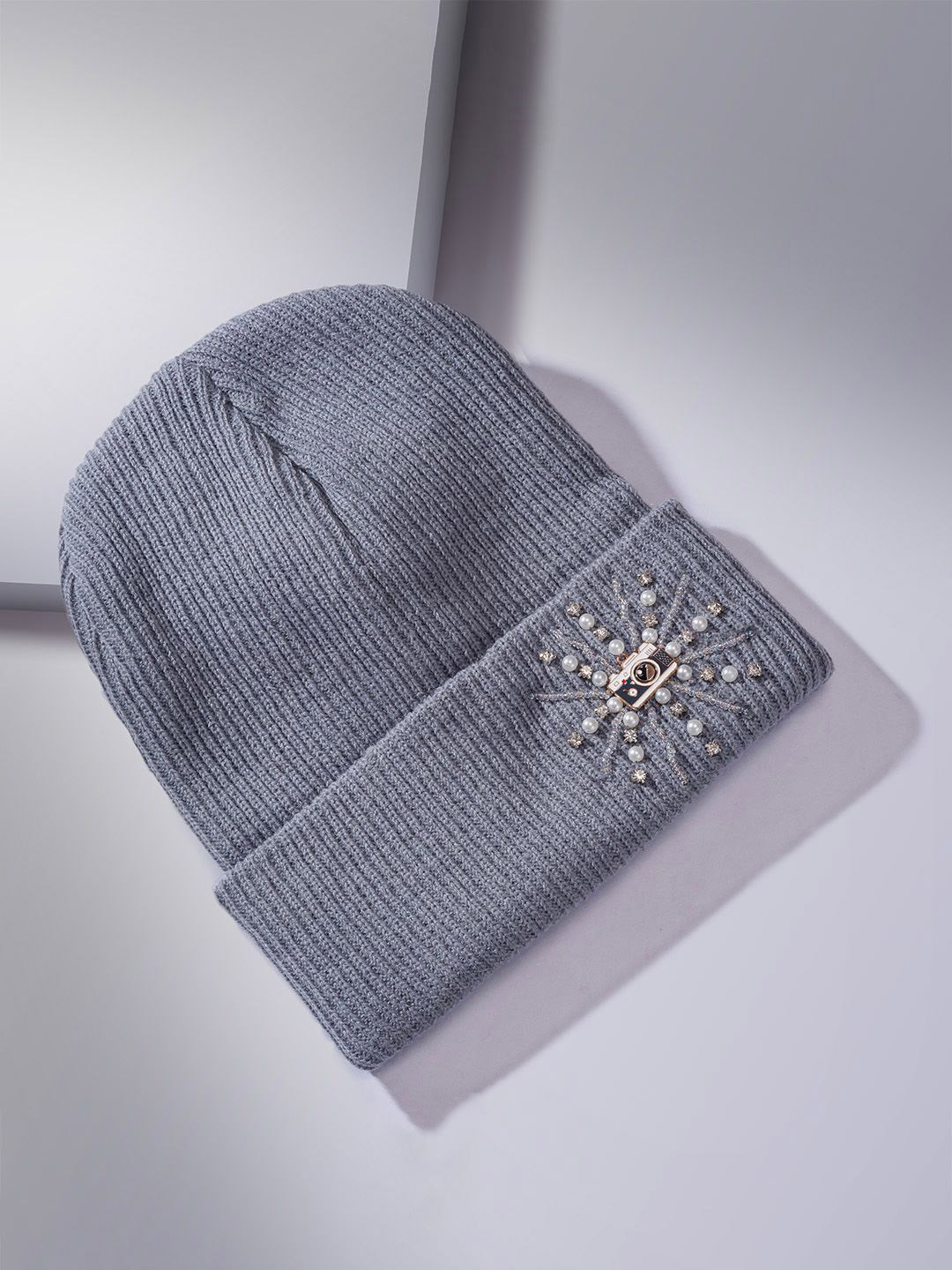 HAIR DRAMA CO. Women Woolen Knitted Beanie Skull Cap with Crystals & Pearls