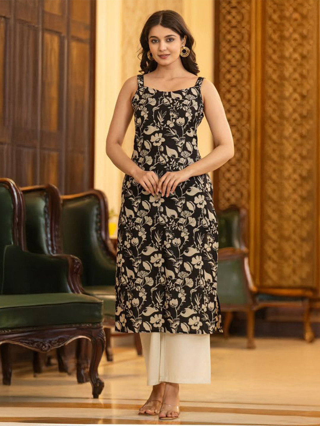 The Realm Women Floral Printed Pure Cotton Round Neck Straight Kurta
