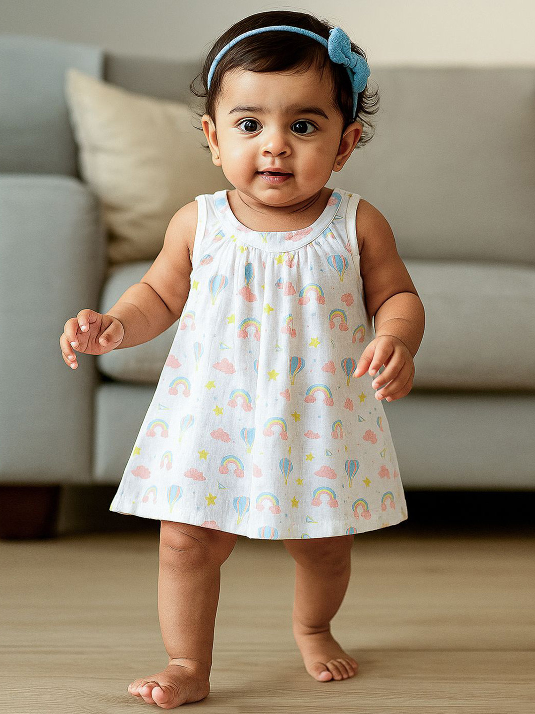 Nuego Girls Balloon Print Pure Organic Cotton Muslin Zip Frock