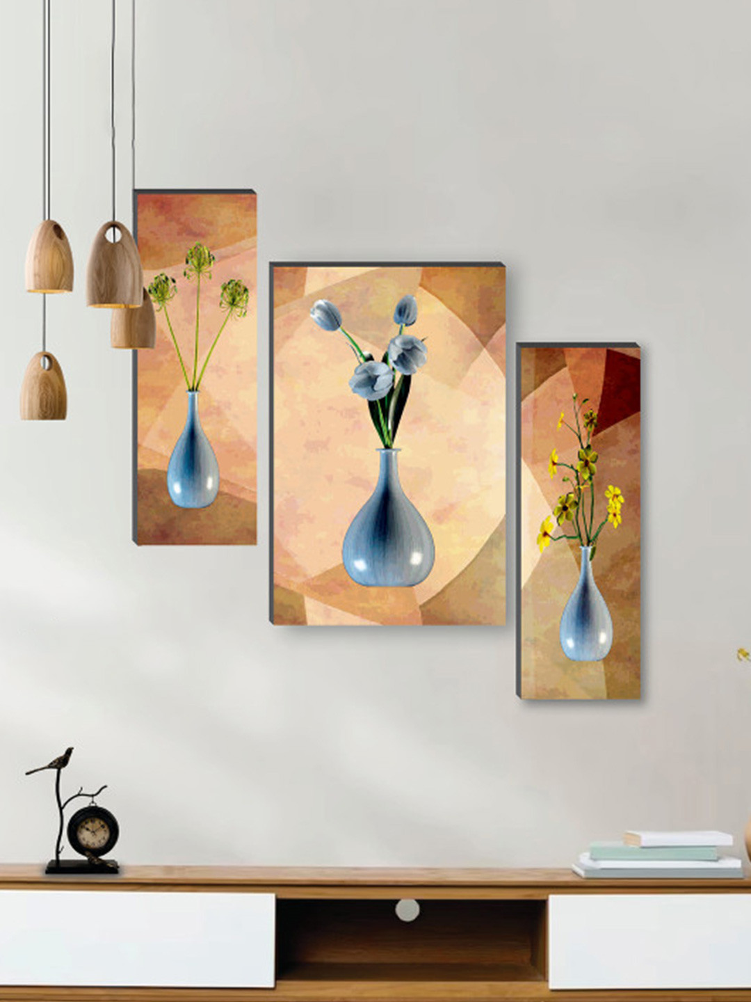 SAF Beige & Blue 3-Pcs Pretty Flower Pot UV Textured Self Adeshive Framed Wall Painting
